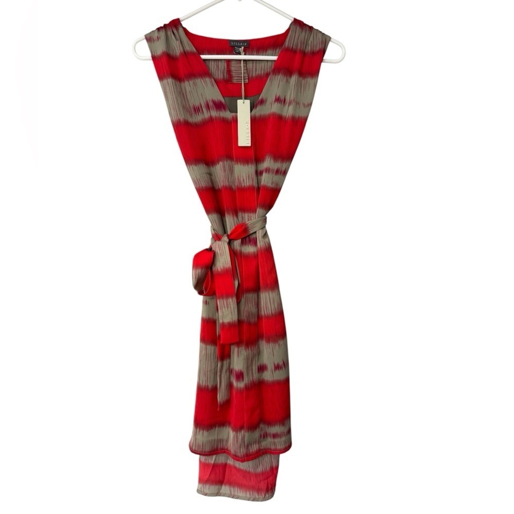 Lilla P Red Taupe Ikat Stripe Sleeveless V-Neck Shift Dress NWT XS